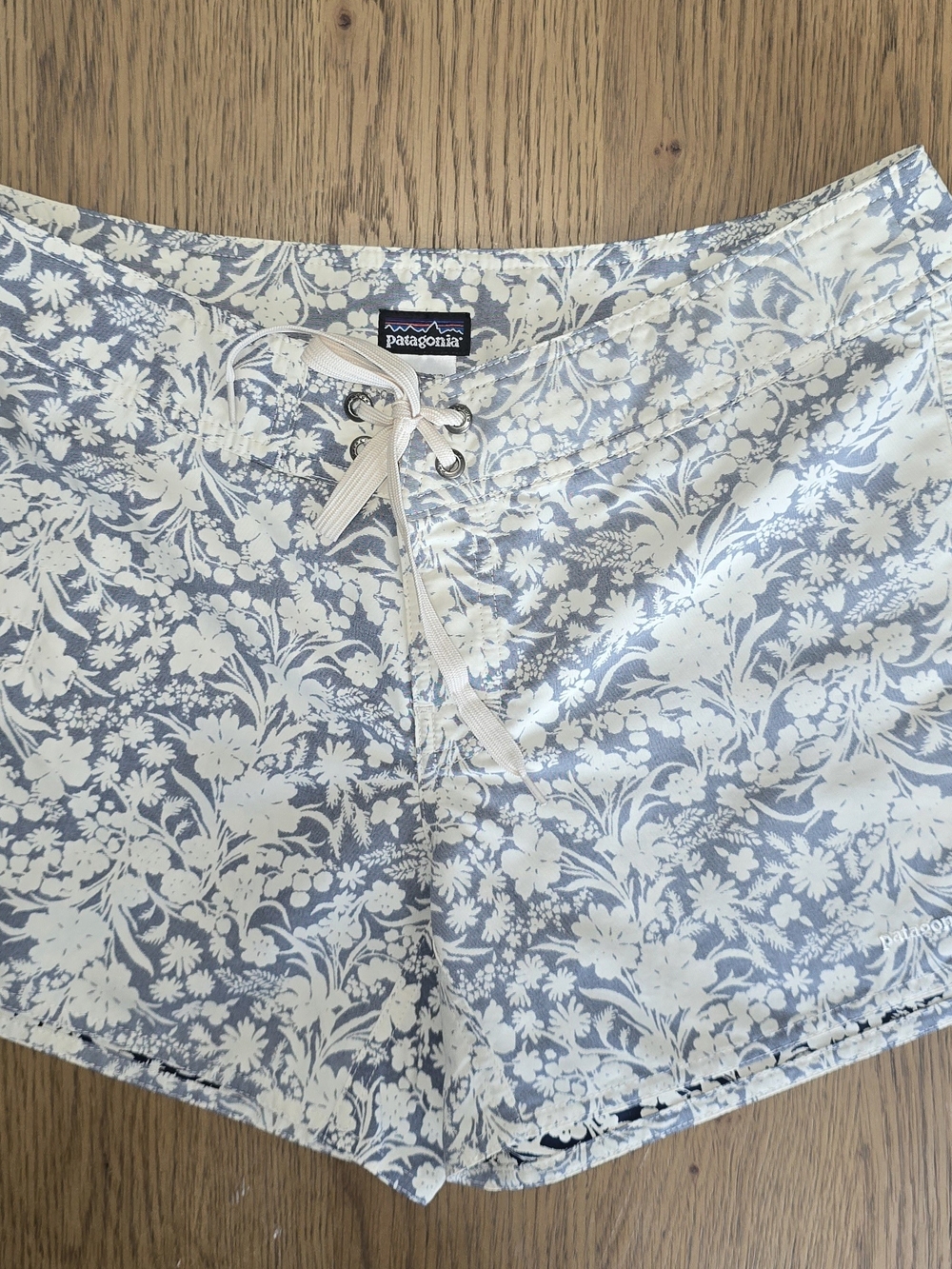 Patagonia Light Blue and White Floral Lace-Up Sleep Shorts